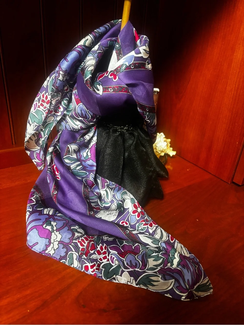 Vintage Floral Print Silk Scarf Blue Purple Pink Multi-Color